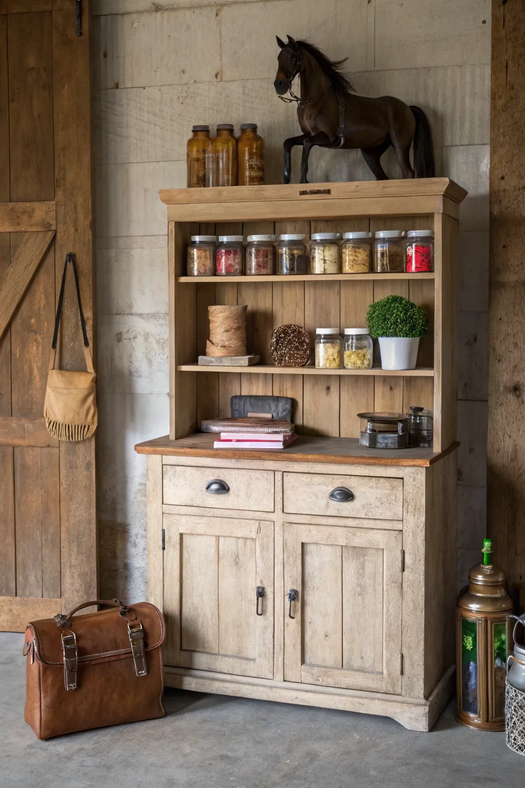 Transform your tack room with repurposed charm: Embrace vintage cabinets for stylish organization.