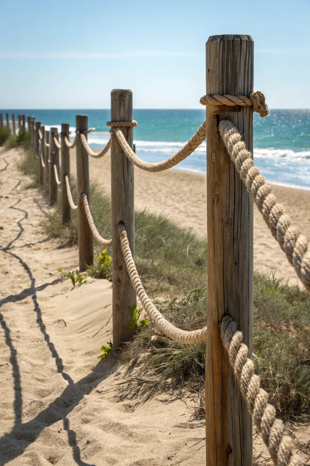 Embrace the coastal charm with a simple yet stunning rope and post fence. Perfect for adding a nautical touch to your outdoor space.