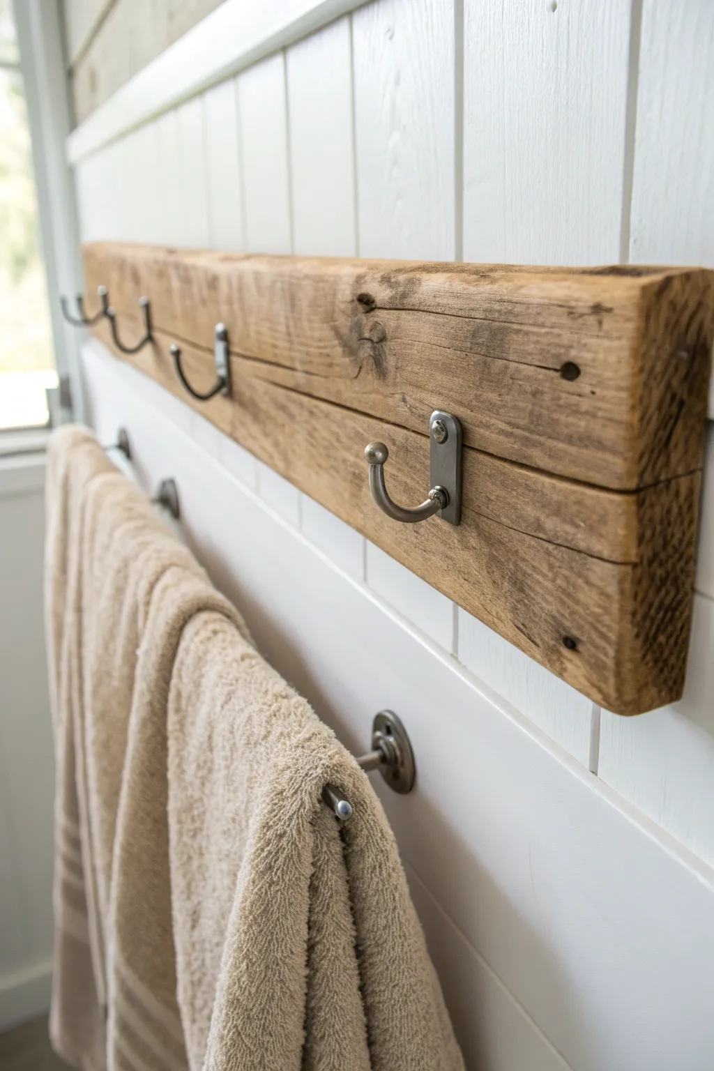 Elevate your small bathroom with a touch of rustic elegance using a reclaimed wood towel rack. Embrace simplicity and sustainability.
