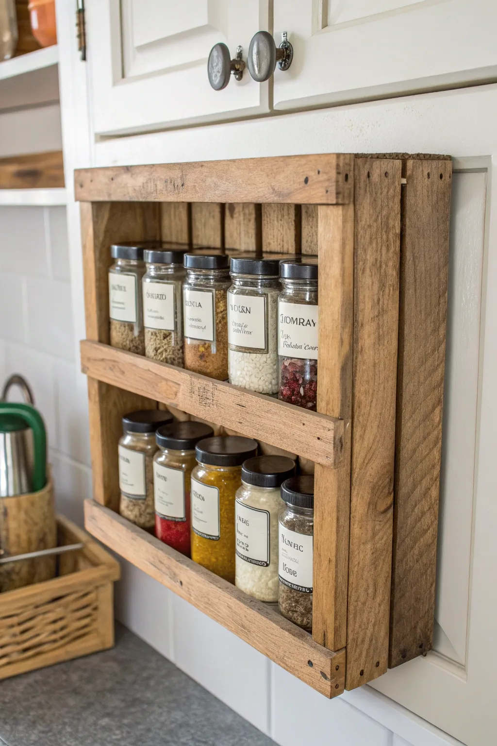 Transform vintage wooden crates into charming under-cabinet spice racks and embrace rustic elegance in your kitchen.
