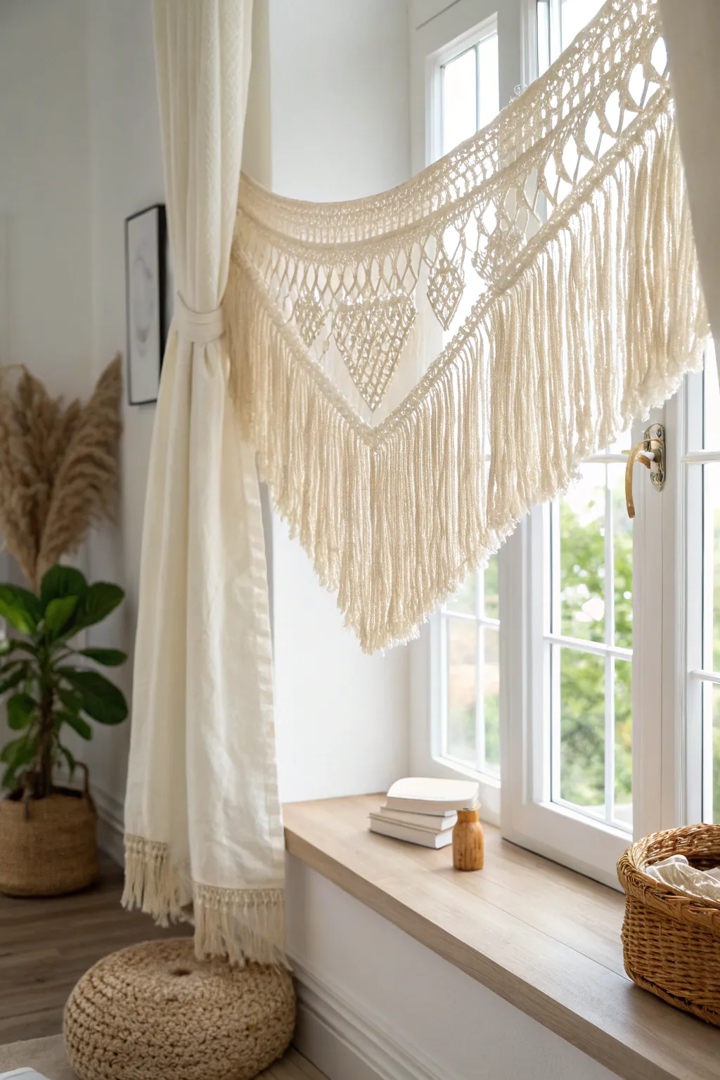 Add vintage charm and texture with a DIY fringe valance—simplicity meets elegance in Scandinavian style.