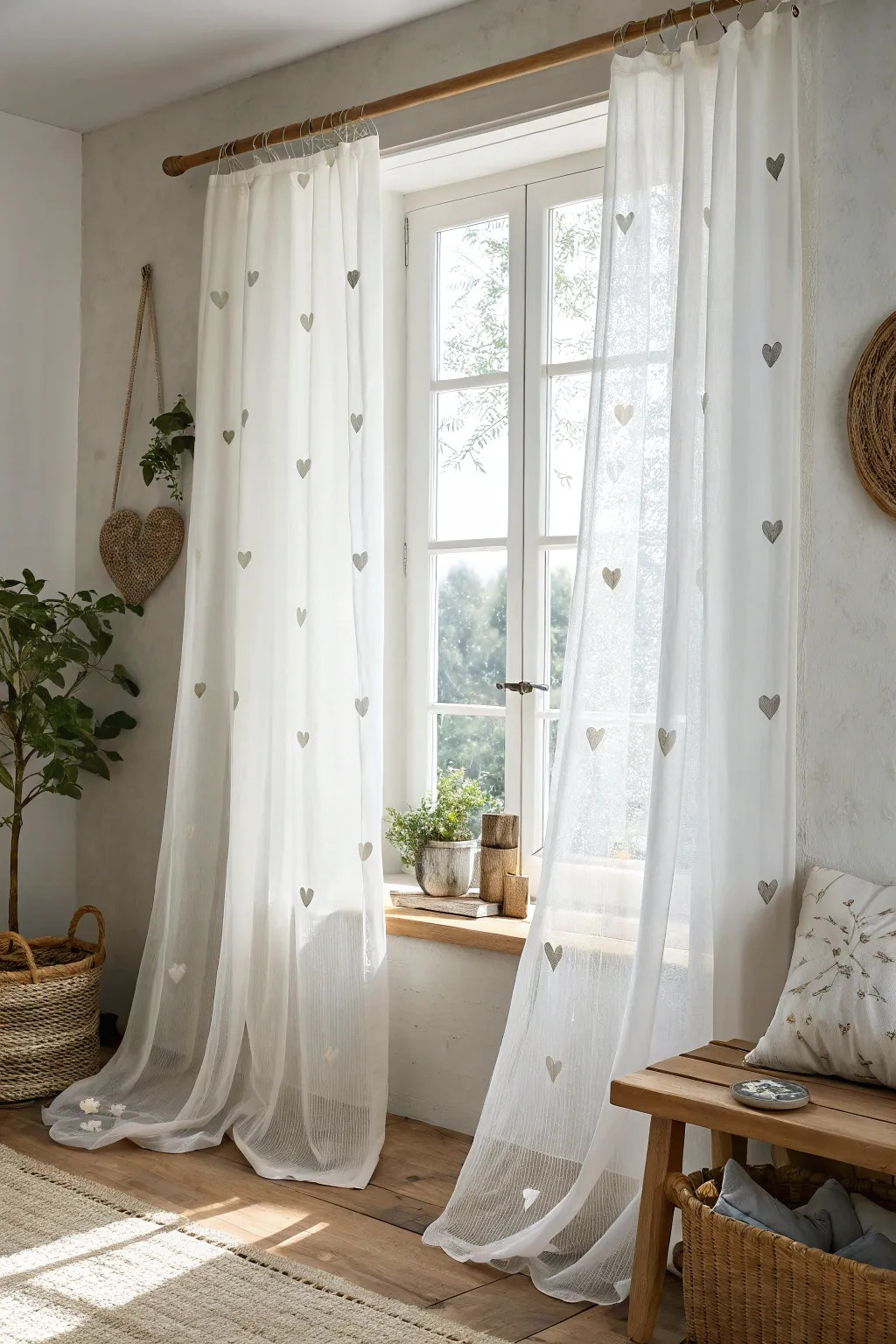Transform your space with heart-patterned curtains for a subtle touch of Valentine's Day charm.
