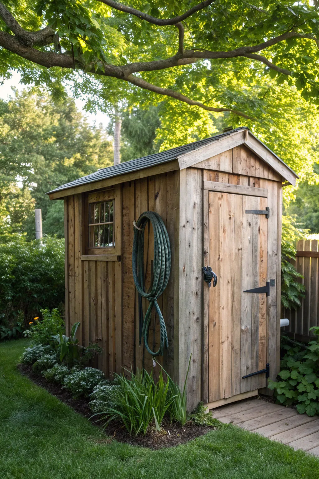Transform your garden with a stylish DIY hose storage shed made from reclaimed wood. Perfect for keeping things tidy and adding a touch of rustic charm!