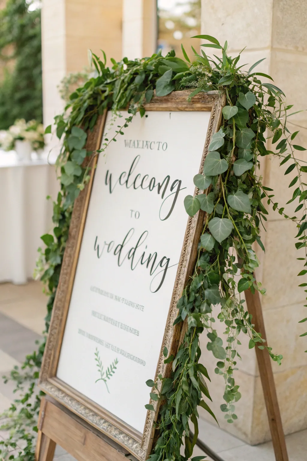 Elevate your wedding decor with eco-friendly elegance: a lush greenery-framed sign that speaks volumes of style and sustainability.