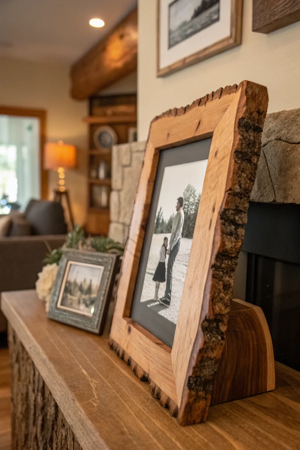 Capture memories with rustic elegance: Live edge wood slab picture frames.