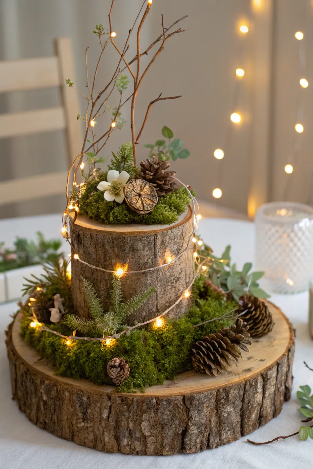 Create a magical woodland glow with enchanting twinkle lights for your baby shower centerpiece.