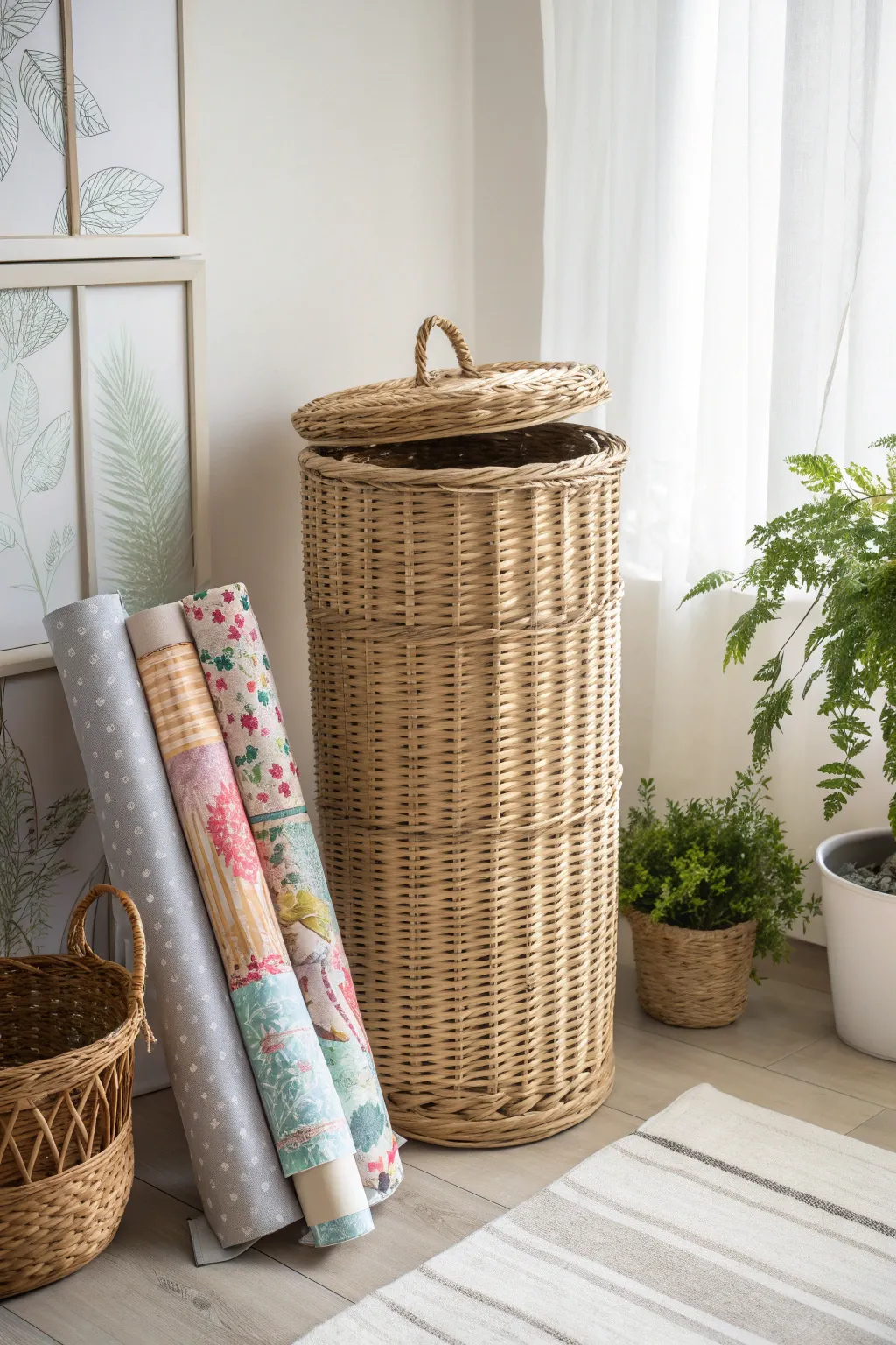 Transform your space with this chic DIY wrapping paper storage hack using a laundry hamper! 🌿✨ #ScandinavianStyle #BohoTouch