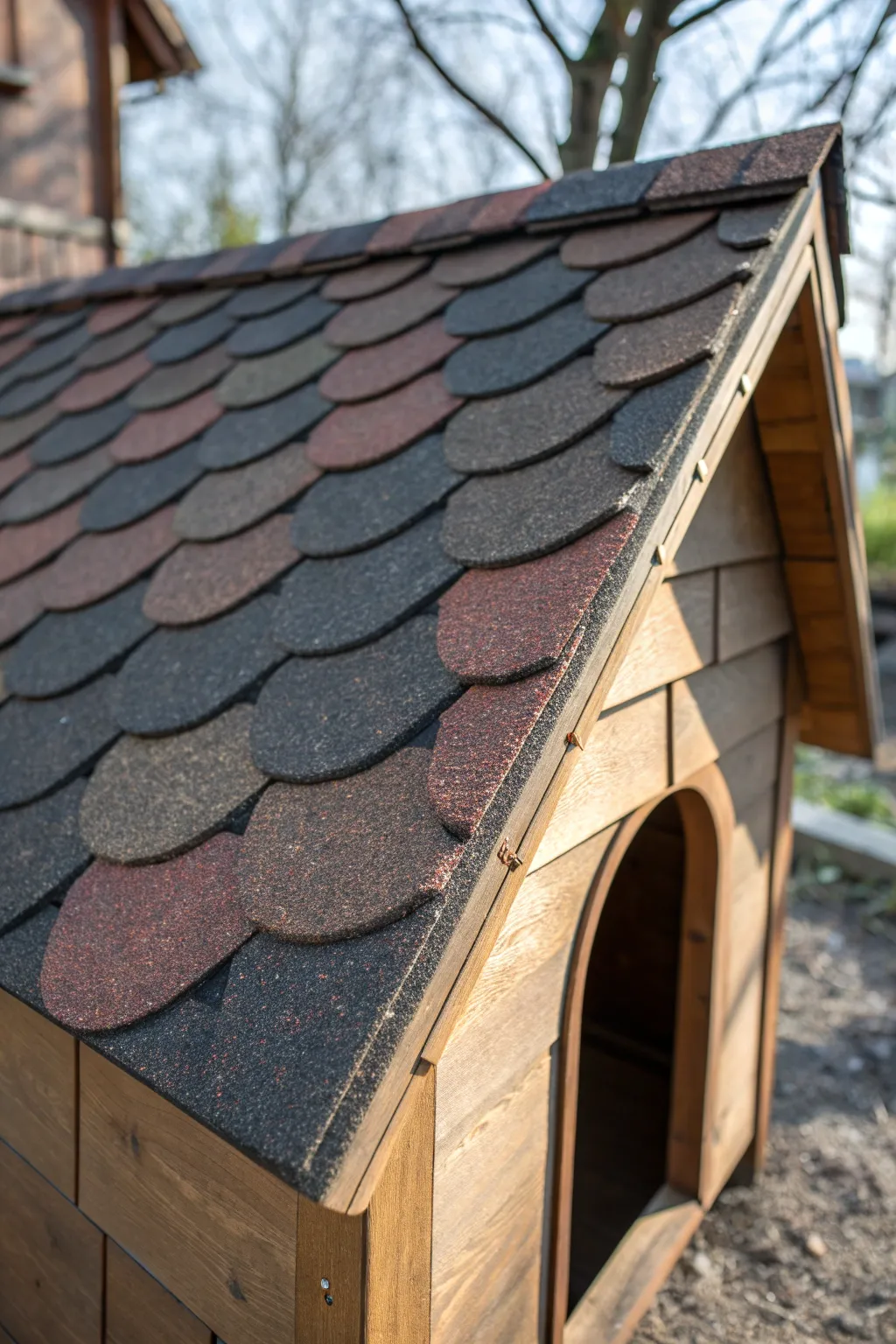 Give old tires a stylish second life with durable recycled rubber shingles for your dog's house.
