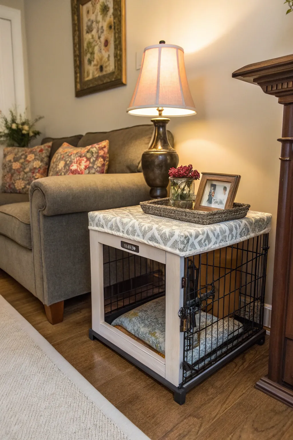 A multi-functional dog crate doubling as a stylish side table, blending utility and design.