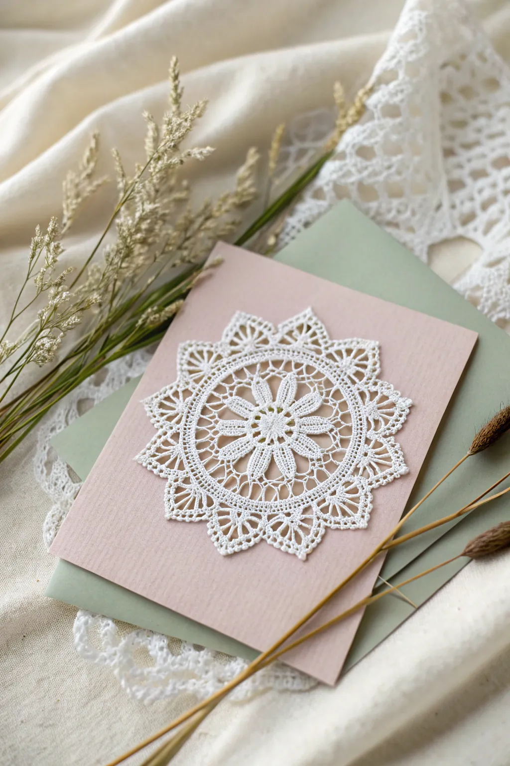 Craft a heartfelt message with vintage elegance using doily-laced cards.