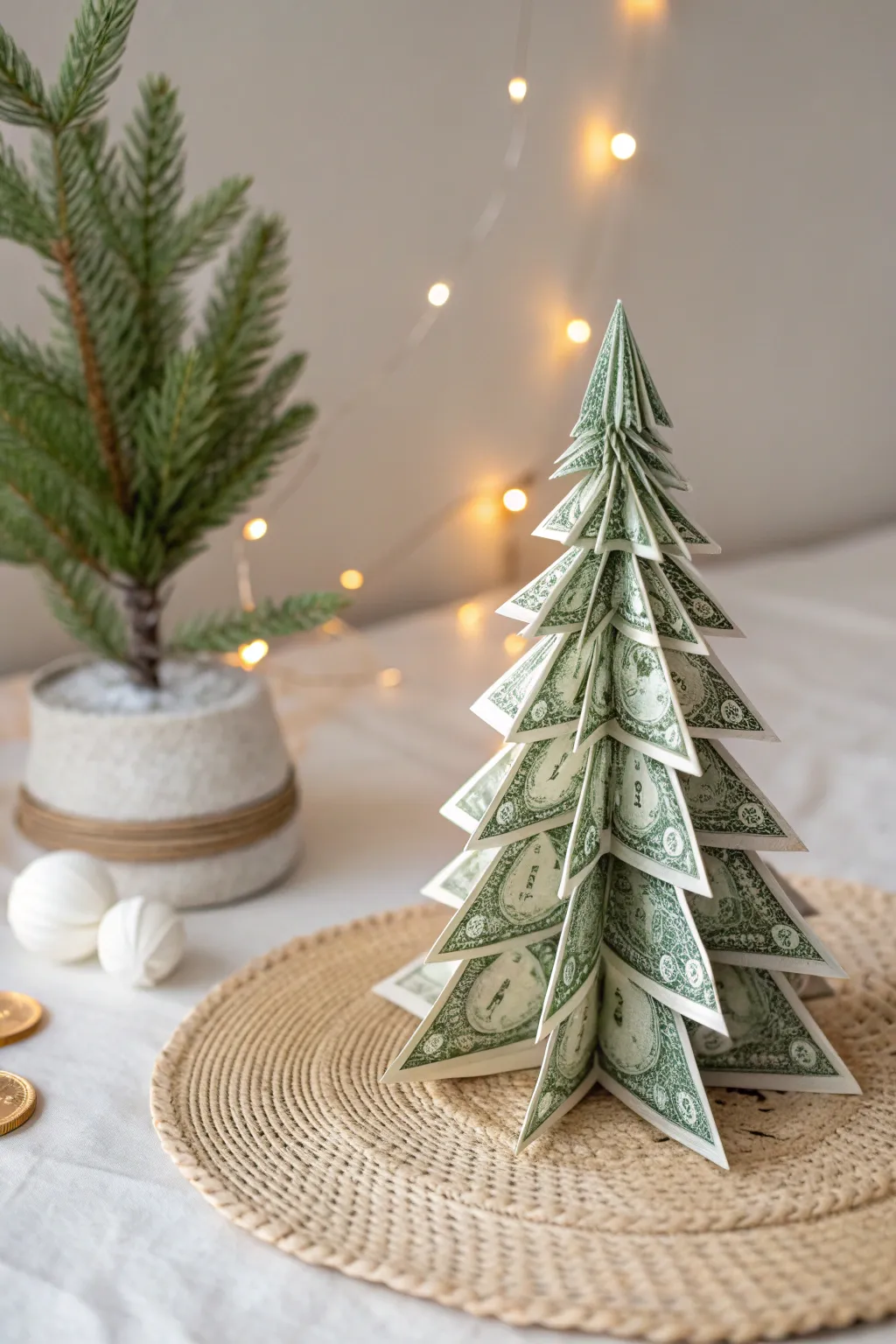 Bring the magic of a snowy wonderland indoors with this enchanting dollar bill origami Christmas tree.