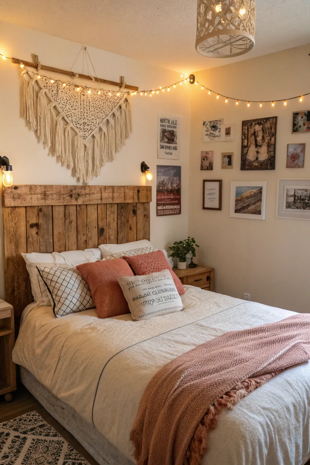 DIY decor elements, such as a handmade headboard, personalize this bedroom.