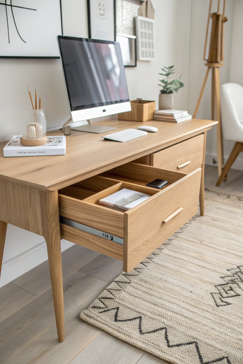 Transform your workspace with elegant under-desk storage that blends simplicity and style.