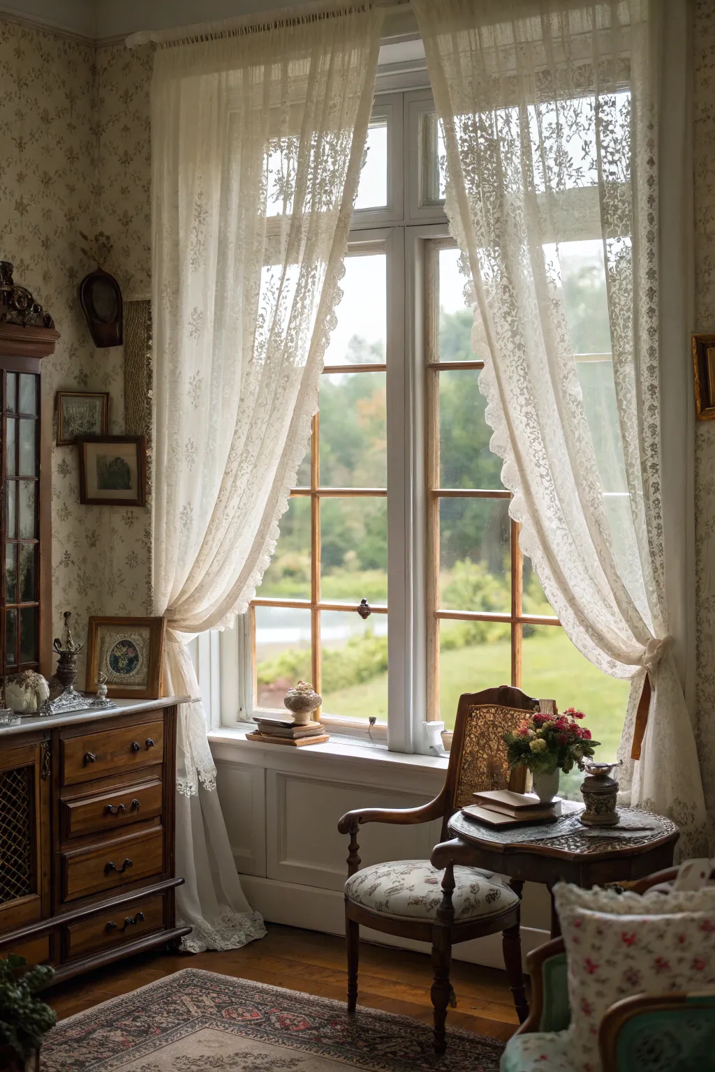 Lace curtains add vintage charm.