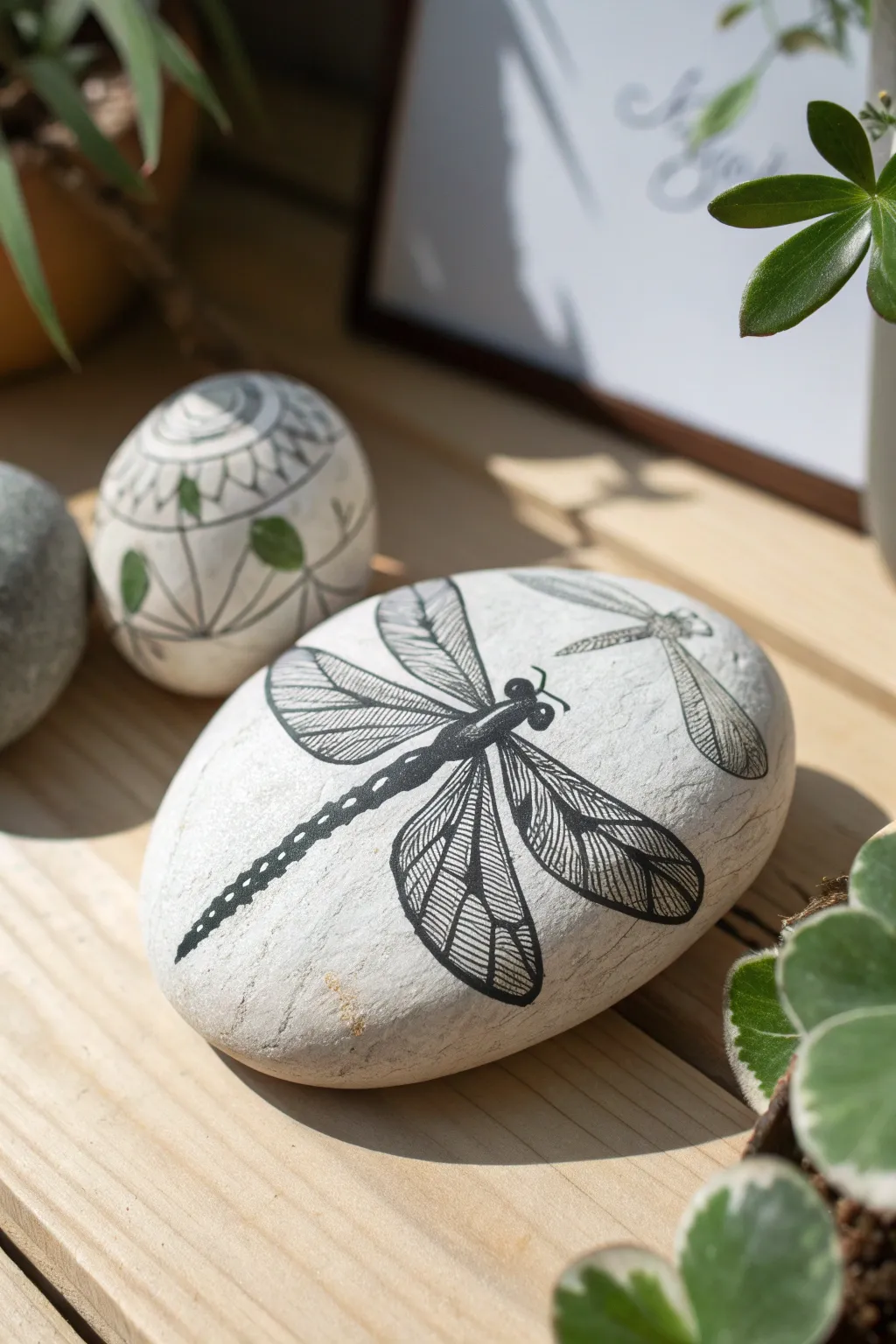Transform simplicity into elegance with this monochrome dragonfly rock art.