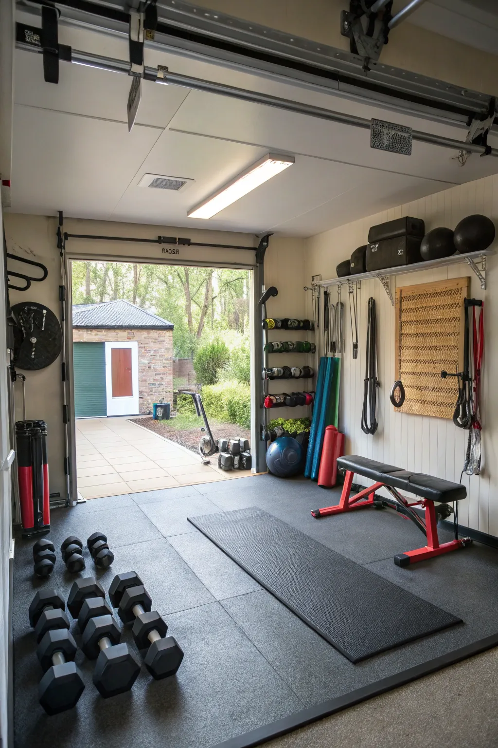 A garage transformed into a home gym with modern fitness equipment.