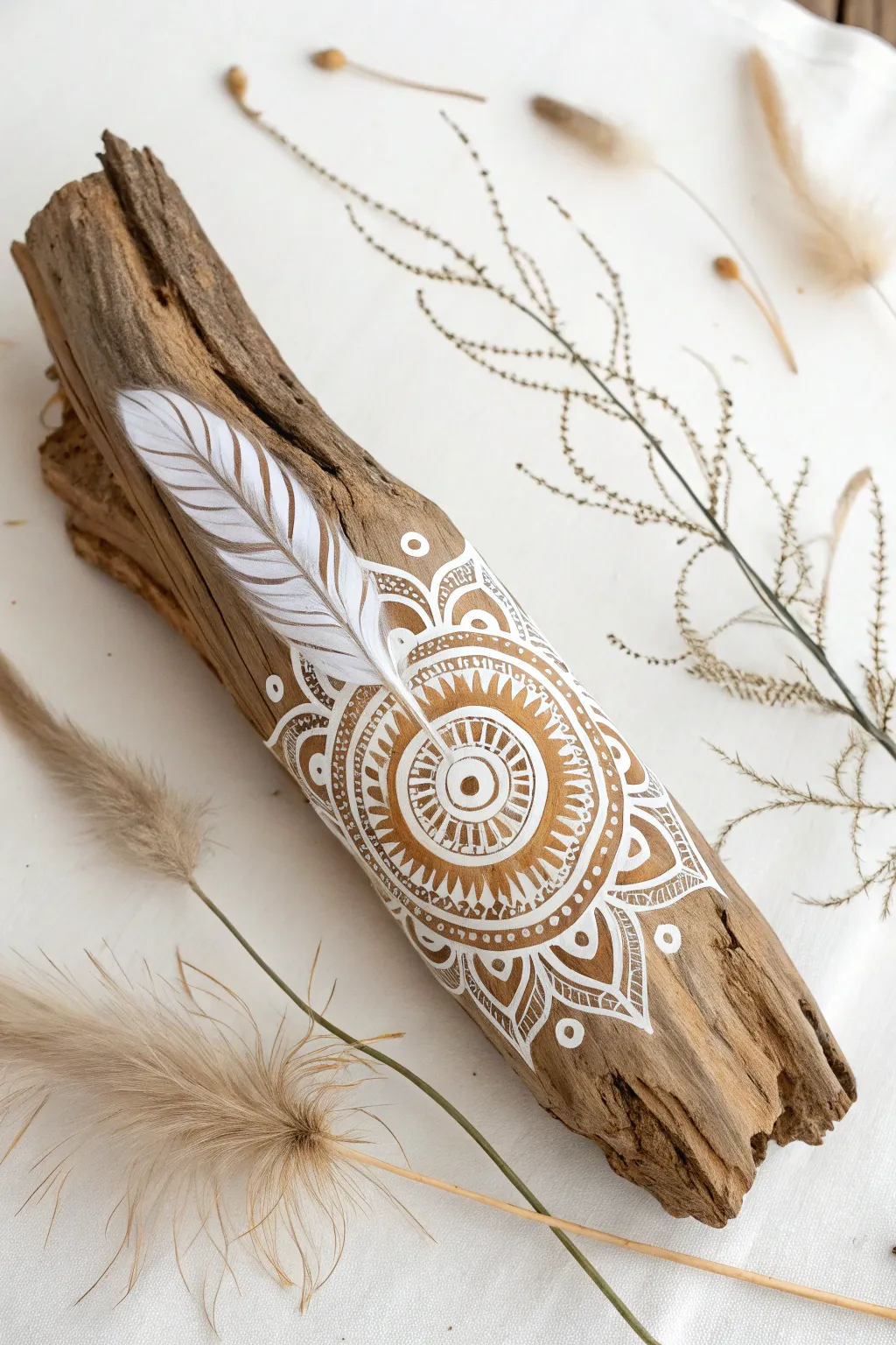 Immerse yourself in the serene beauty of zentangle artistry on driftwood, where simplicity meets creativity.