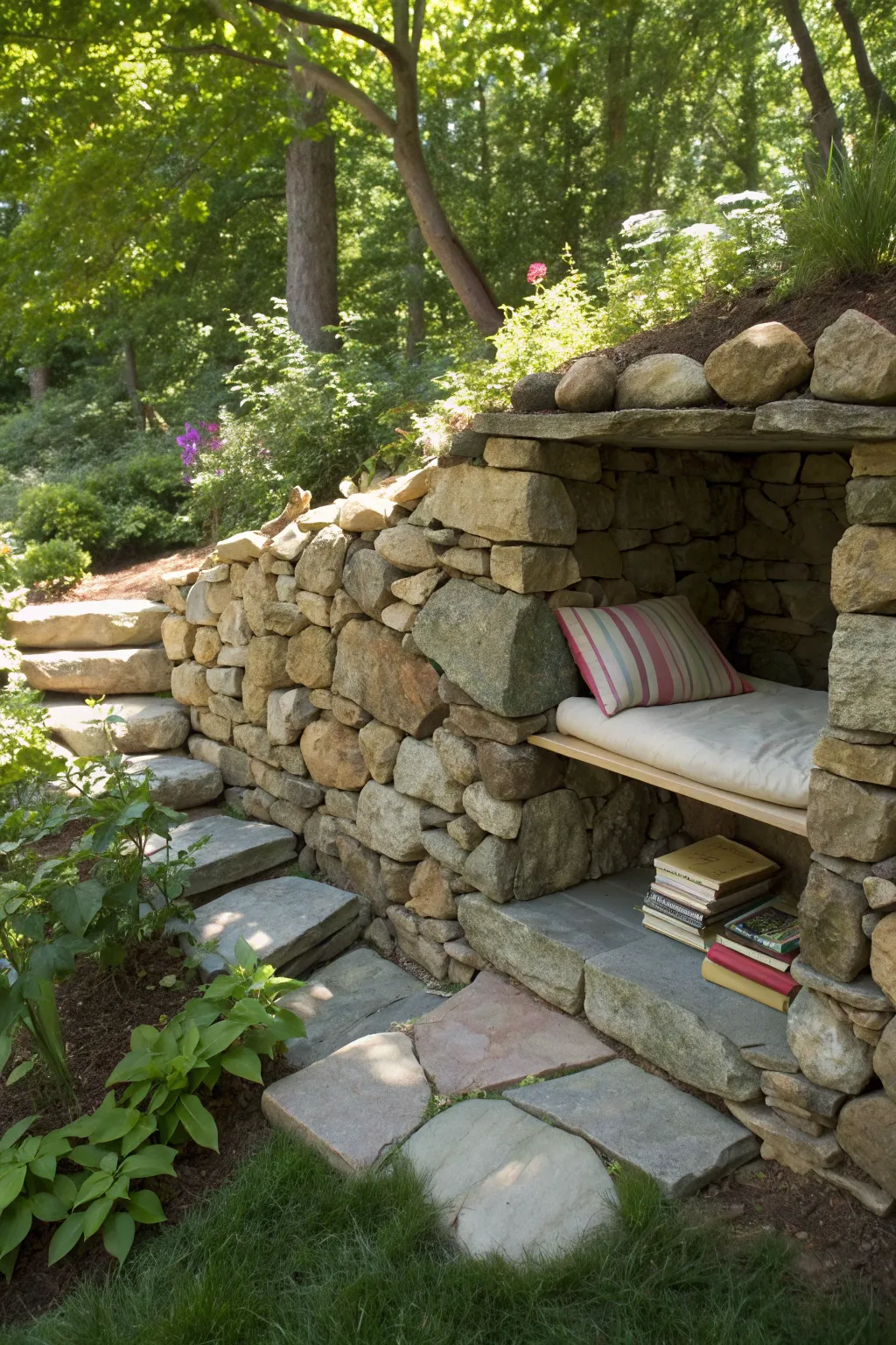 Discover your secret garden escape with this enchanting stone wall nook.