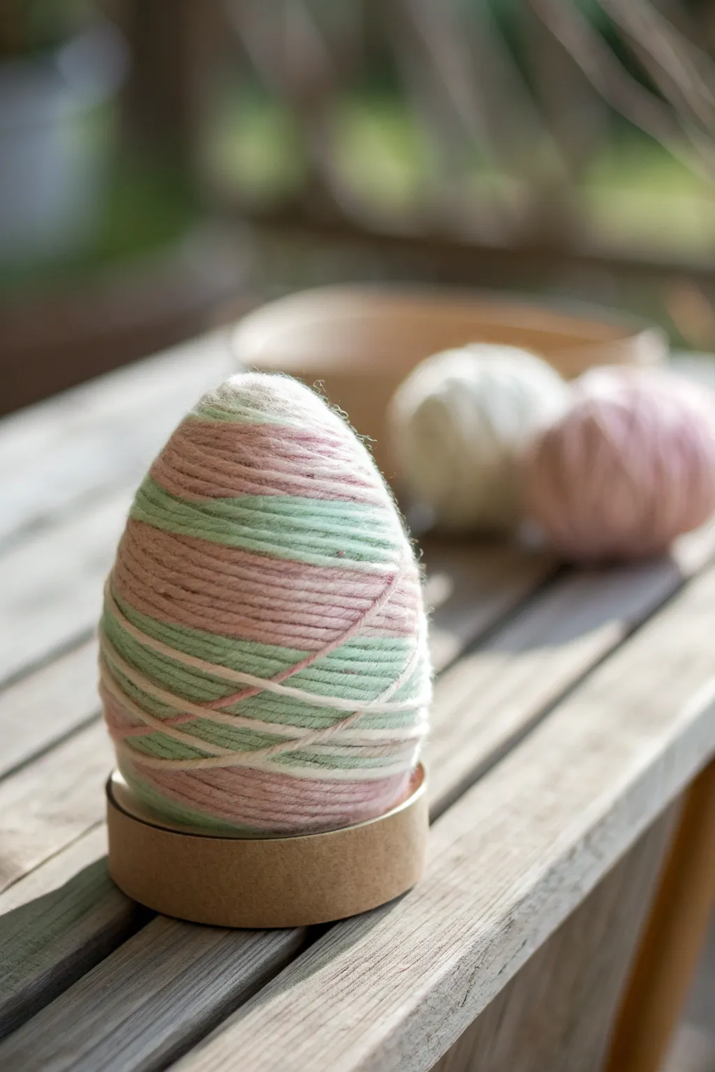 Delight in the simplicity of handmade beauty with this yarn-wrapped Easter egg, perfect for adding a touch of softness to your celebration.