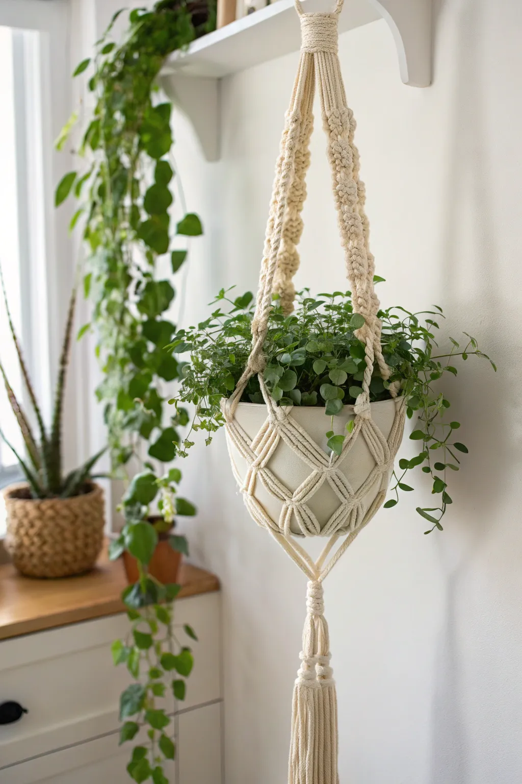 Elevate your indoor garden with this elegant crochet plant hanger, a perfect blend of minimalist design and bohemian charm.