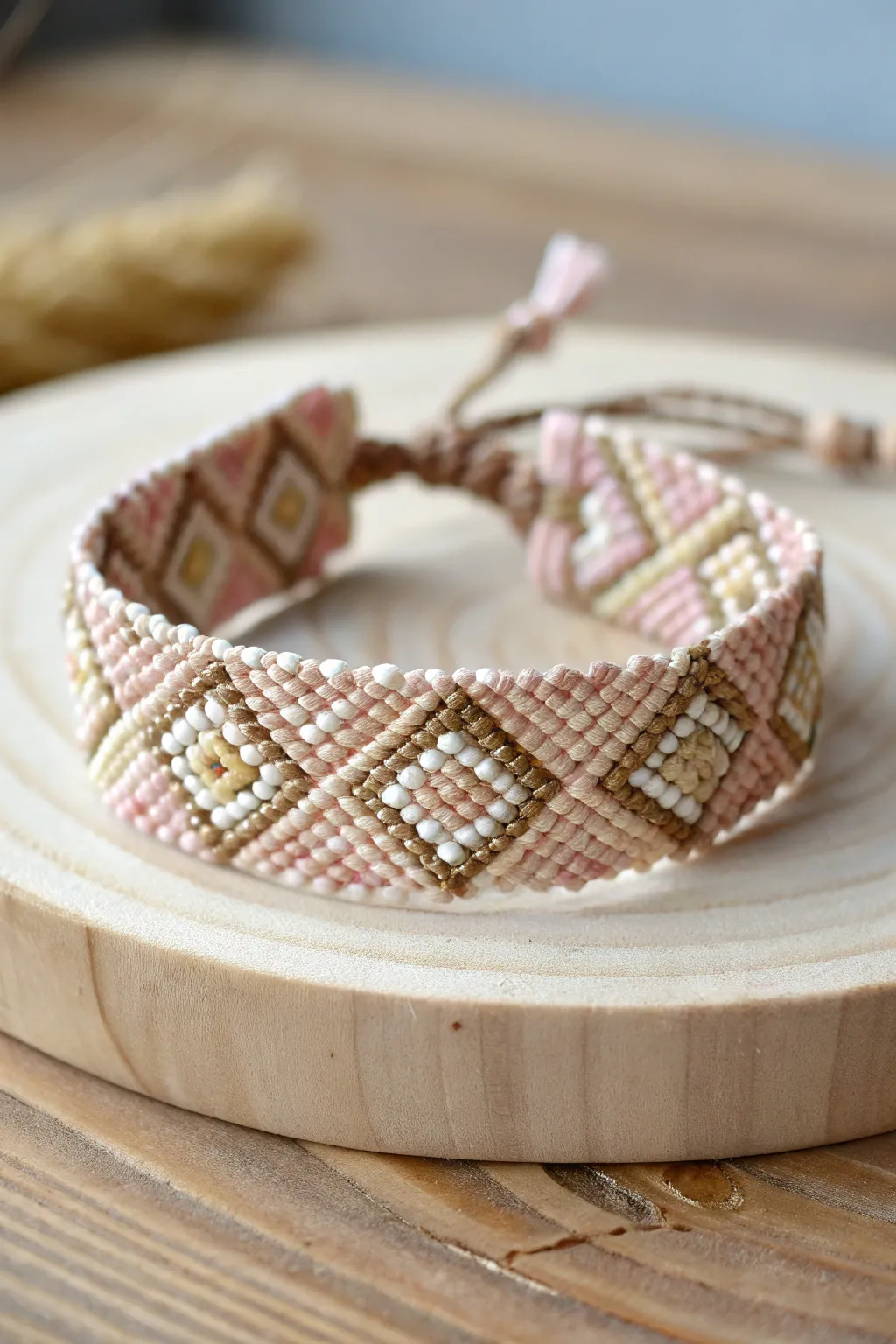 Add a touch of elegance with this handcrafted diamond-patterned friendship bracelet.