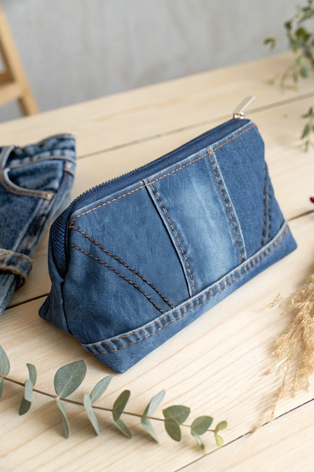 Transform old jeans into chic, eco-friendly pouches with a touch of Scandinavian minimalism.
