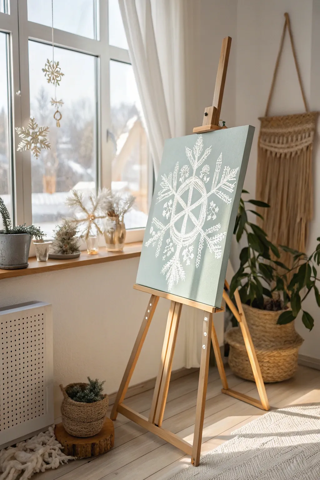 Embrace the elegance of negative space with this minimalist snowflake canvas, where simplicity meets Scandinavian charm.