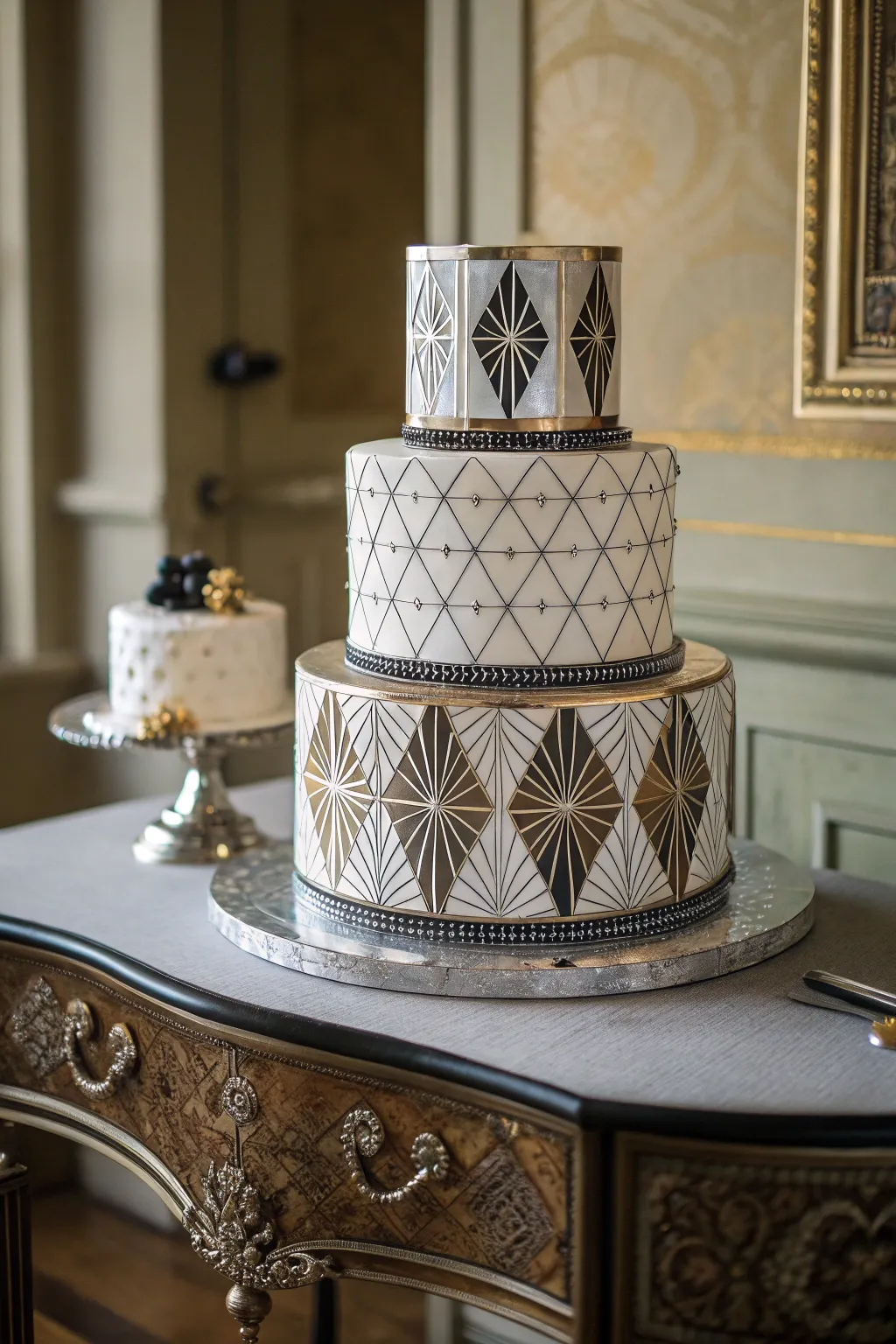 An Art Deco cake featuring stylish geometric patterns and metallic details.