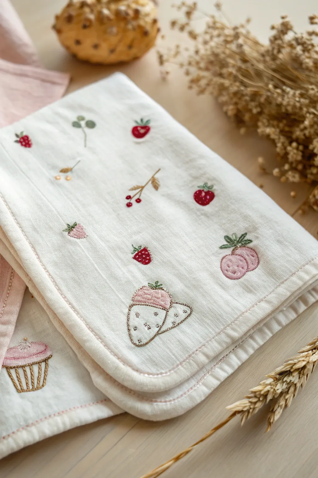 Delight in the charm of food-themed embroidery with this minimalist burp cloth, perfect for your little foodie!