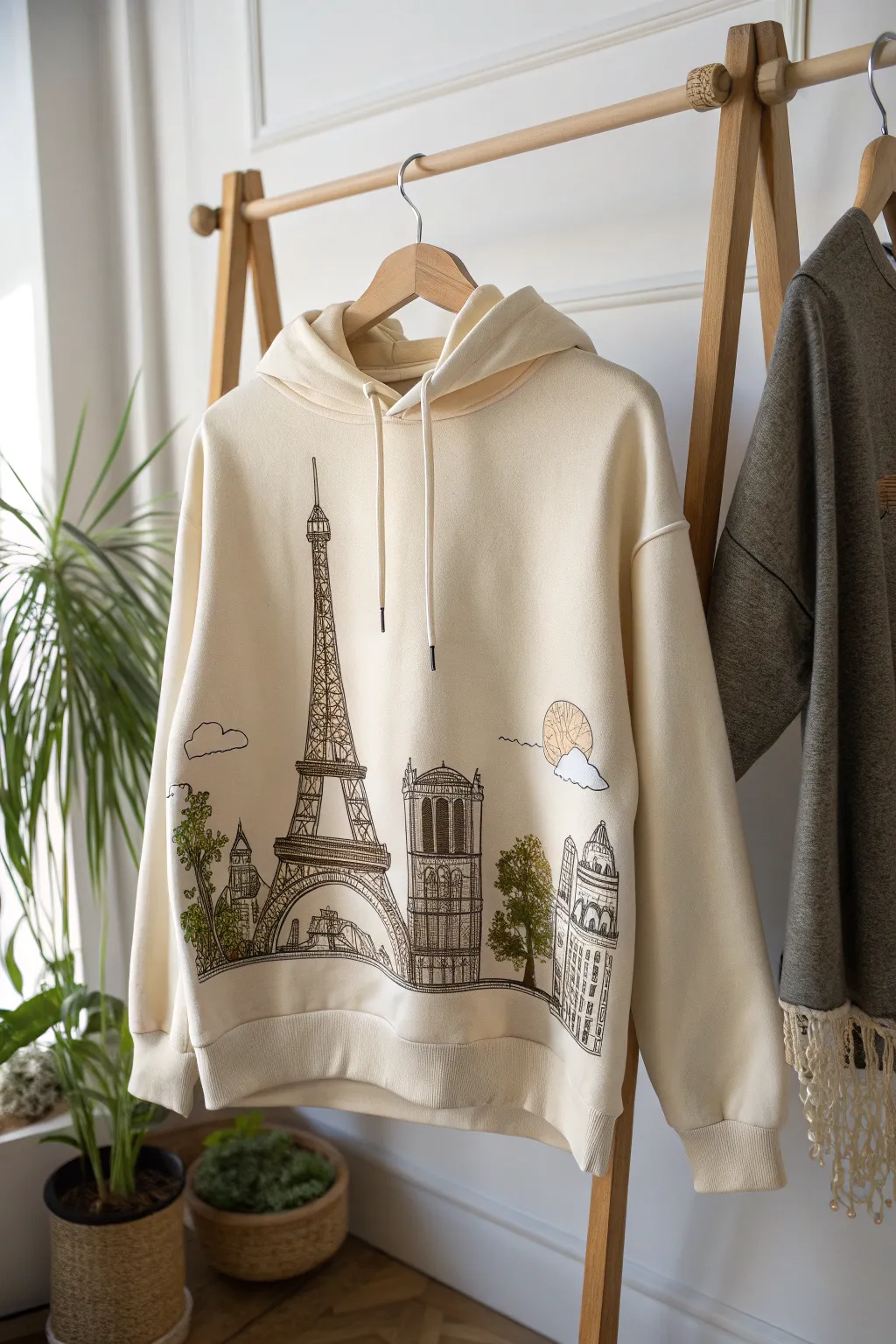 Wear your adventures: Embrace the minimalist charm of a skyline-embroidered hoodie.