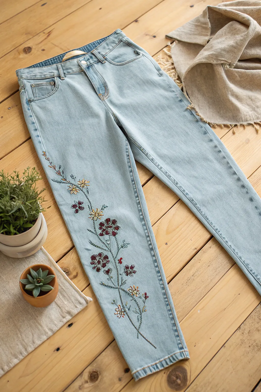 Discover the art of subtle elegance with tonal embroidery on your favorite jeans.
