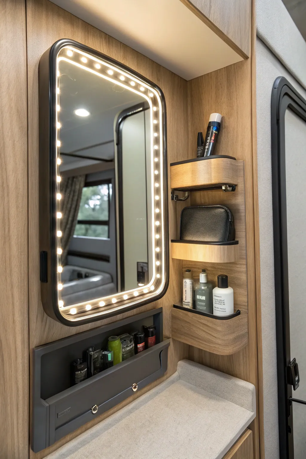 Elevate your trailer bathroom with a stylish vanity mirror that keeps essentials within reach.