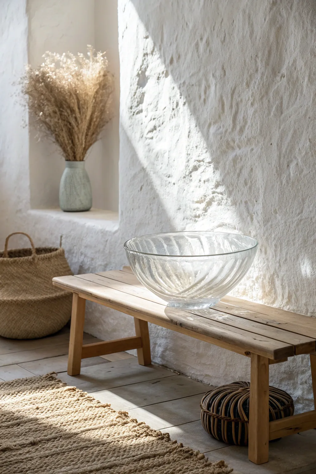 Elevate your entryway with a floating glass bowl that marries minimalist design with boho charm.