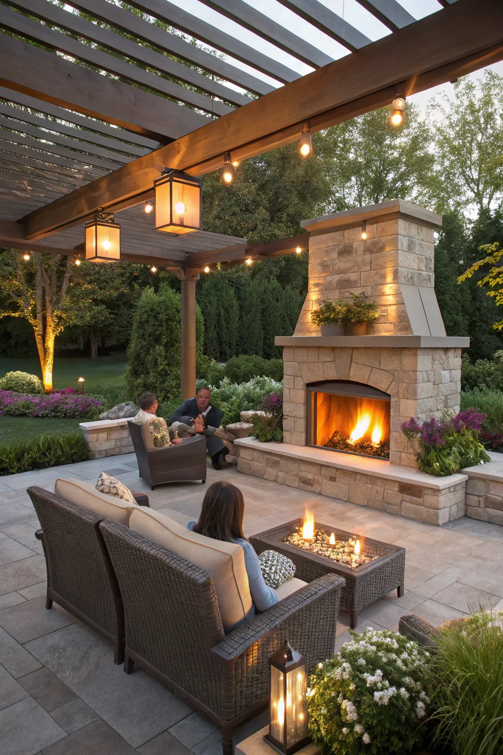 An outdoor fireplace adding warmth and sophistication to the patio.