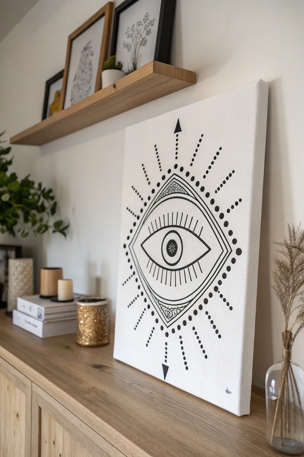 Embrace the monochrome magic with this sophisticated evil eye painting – a perfect blend of simplicity and style.