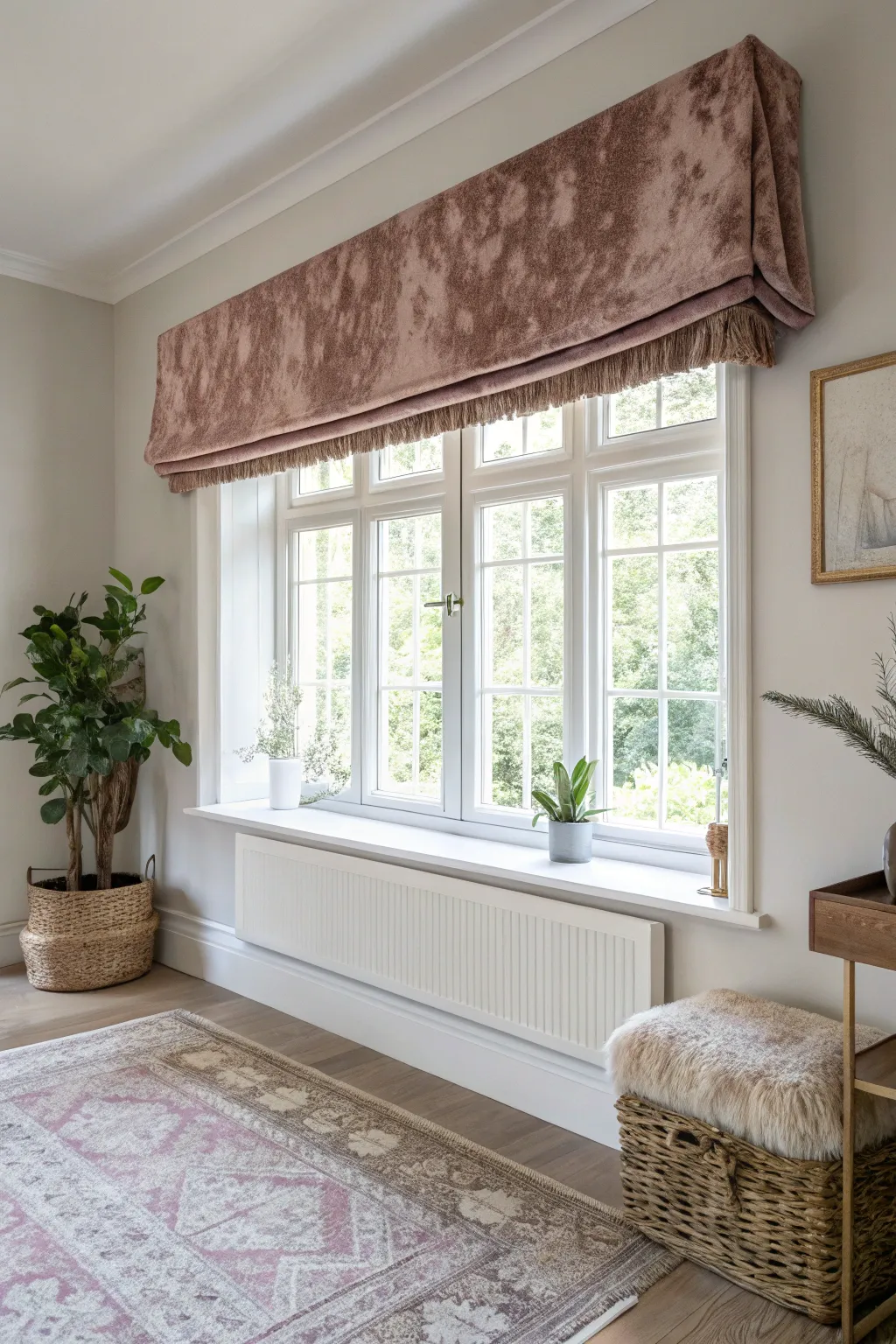 Elevate your space with the luxurious touch of a velvety cornice board, blending Scandinavian simplicity with boho charm.