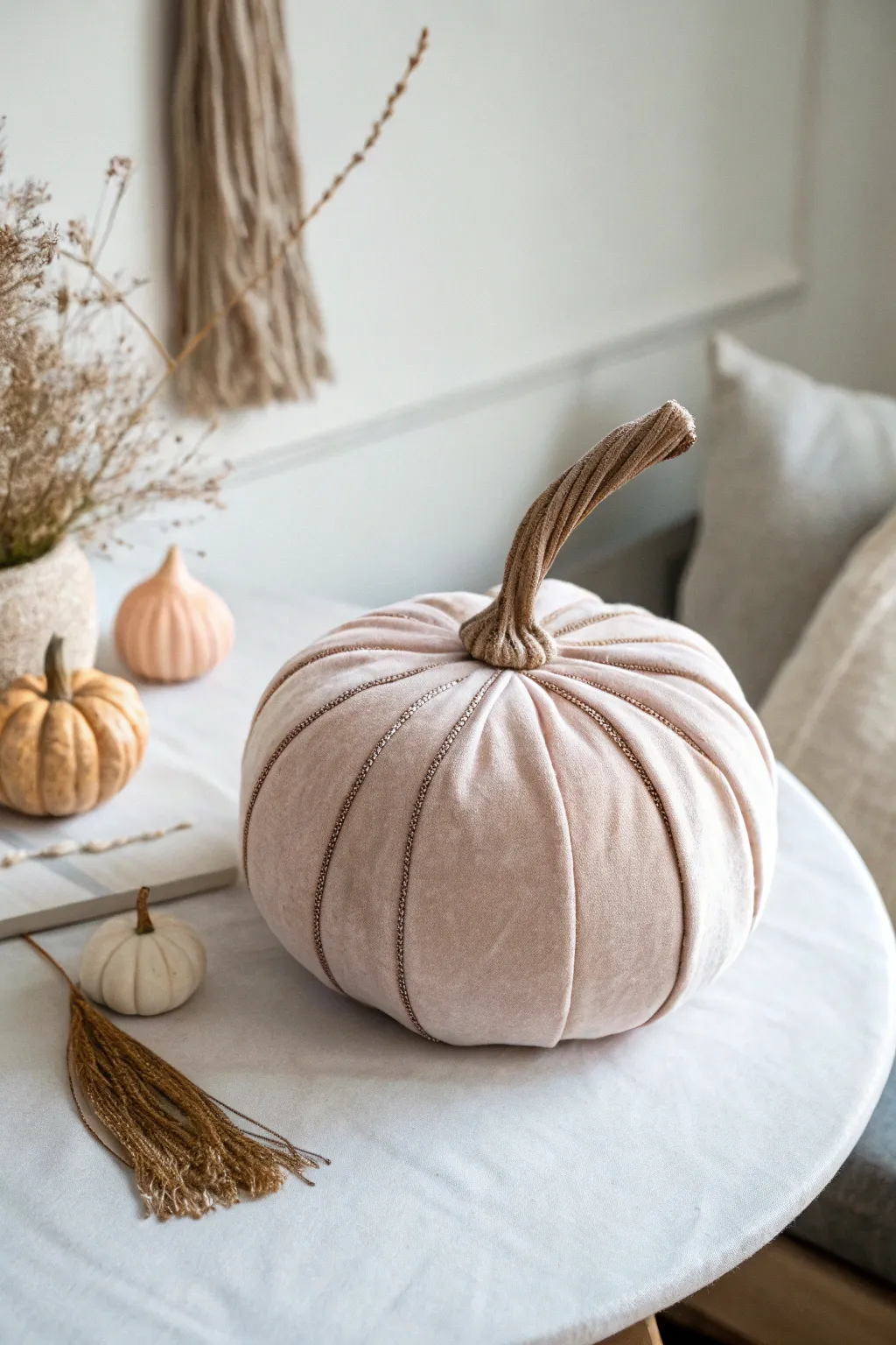 Embrace minimalist chic with this elegantly crafted fabric pumpkin, a perfect touch for serene and modern spaces.