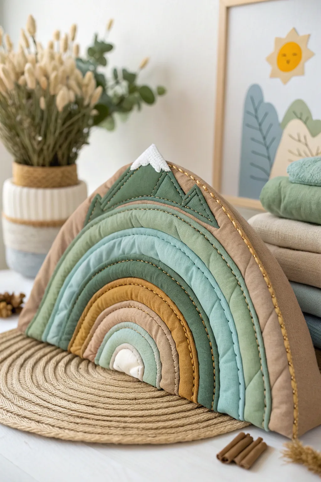 Escape into tranquility with this layered fabric landscape, where craftsmanship meets natural beauty.