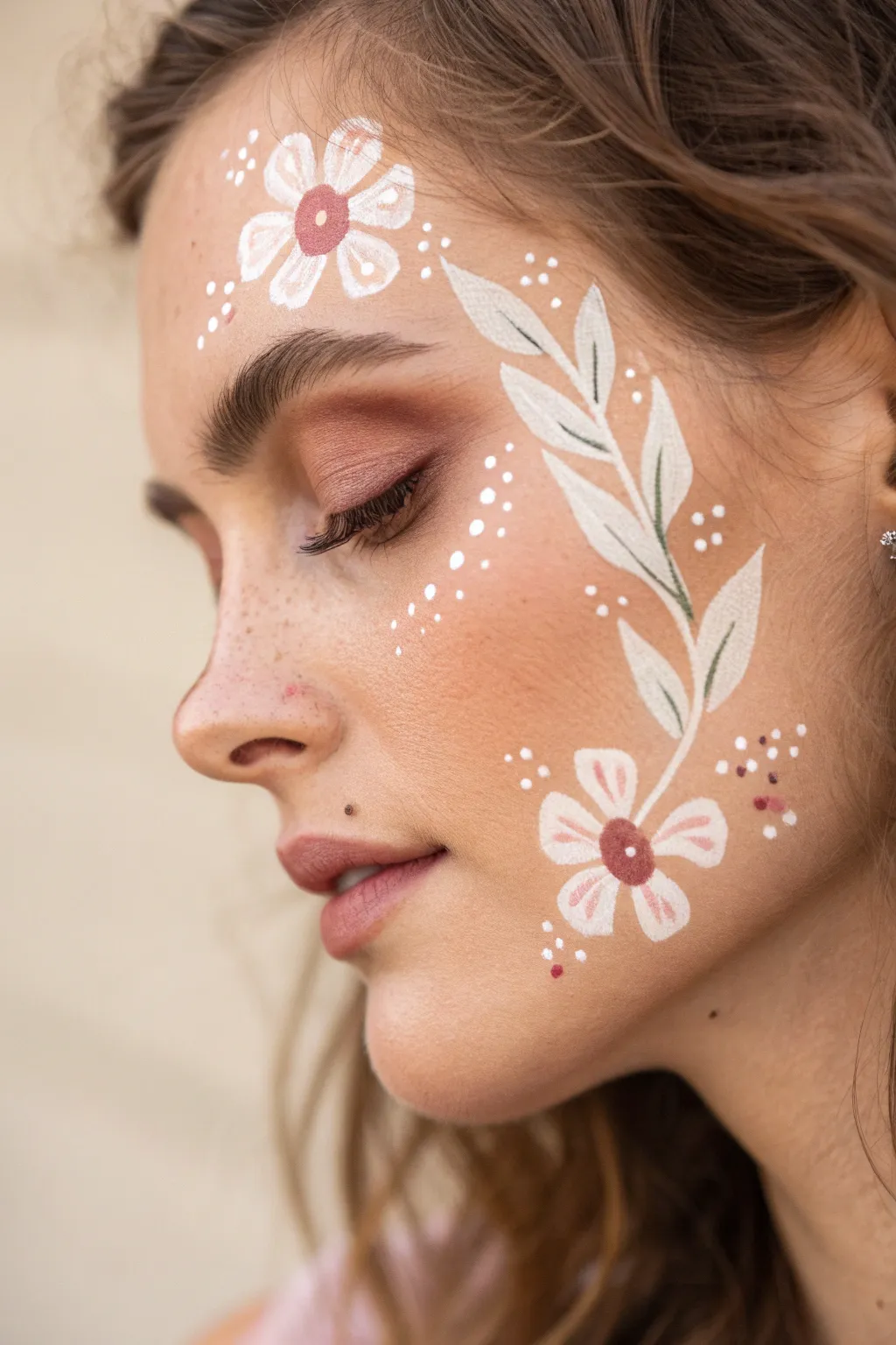 Discover the art of subtle elegance with minimalist floral face paint.