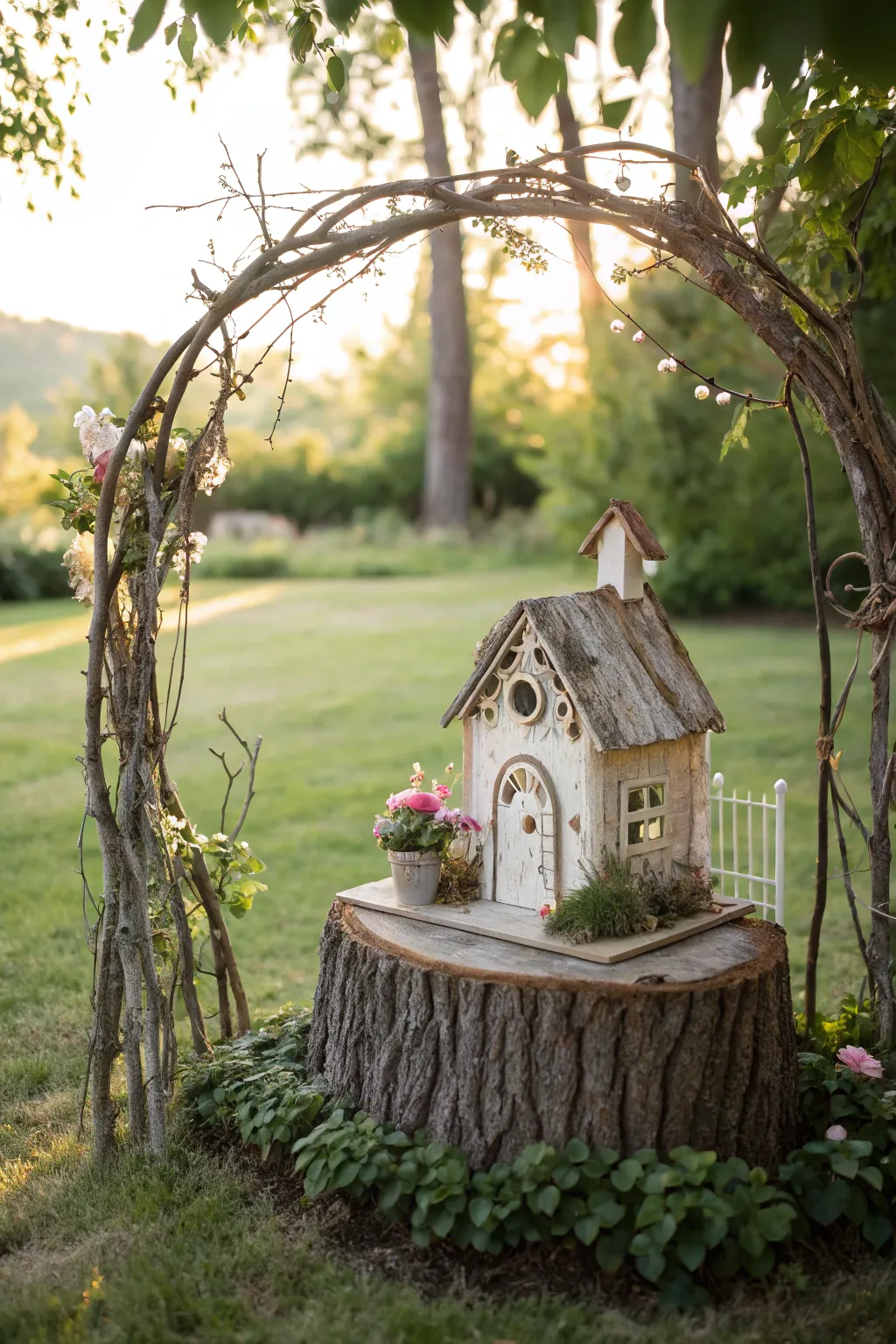 Enchant your garden with a cozy, handcrafted fairy house framed by a charming twig fence.