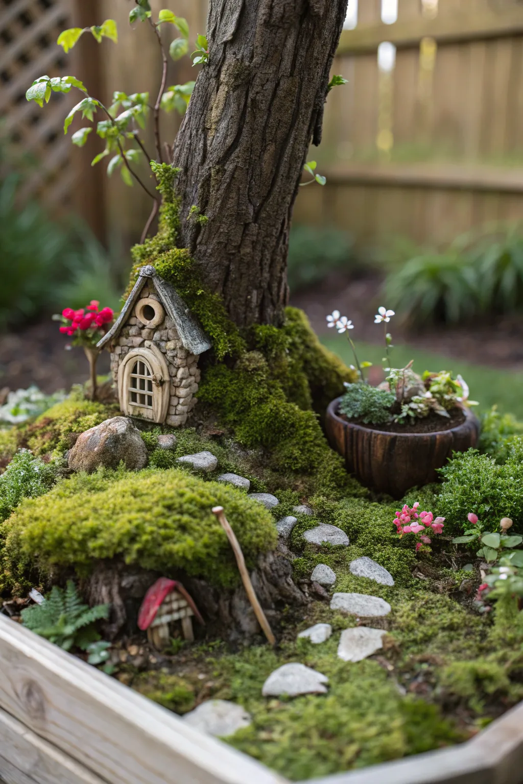 Miniature plants blending fairy elements with nature.