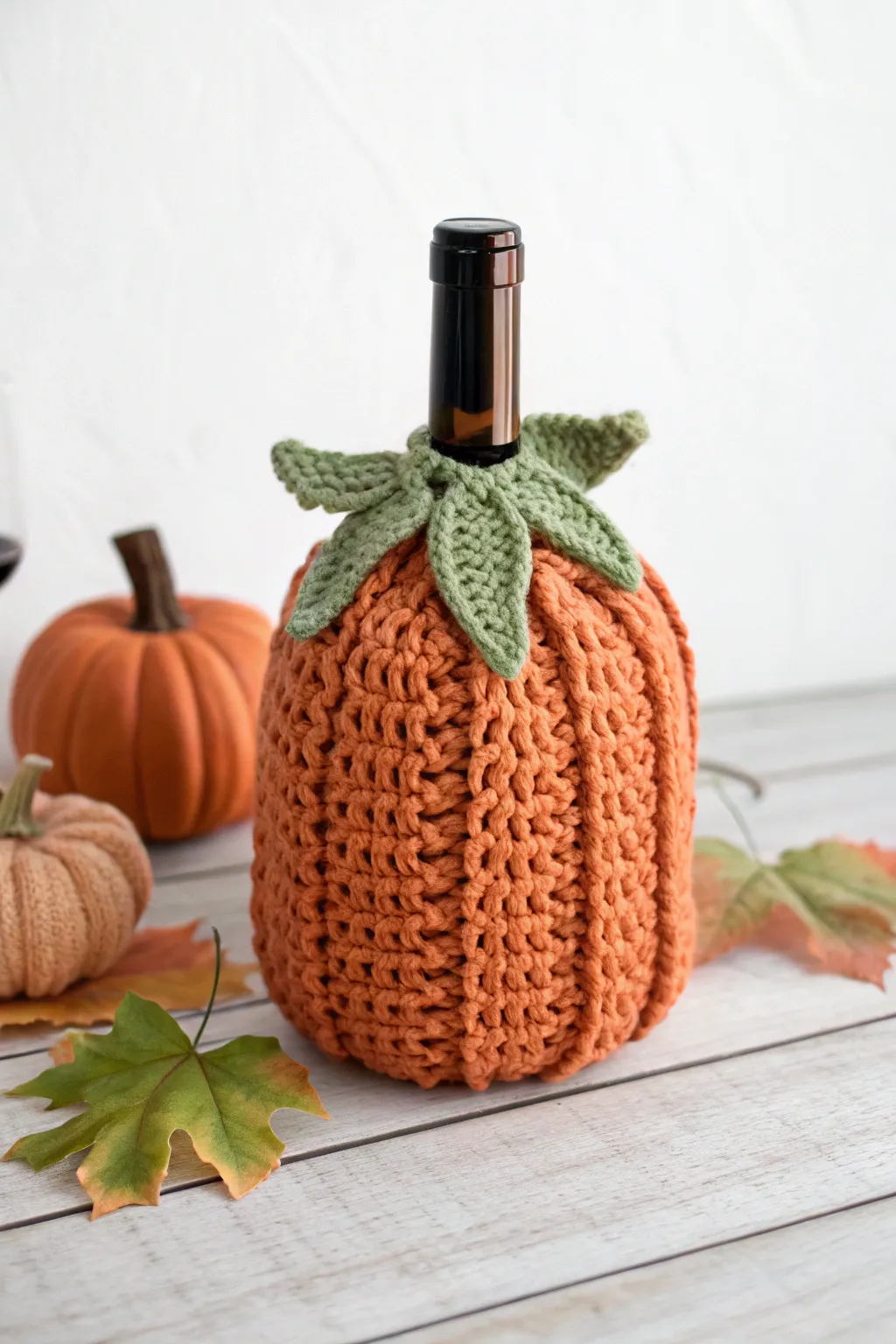 Dress up your wine for fall with this charming pumpkin cozy—where craftsmanship meets seasonal elegance.