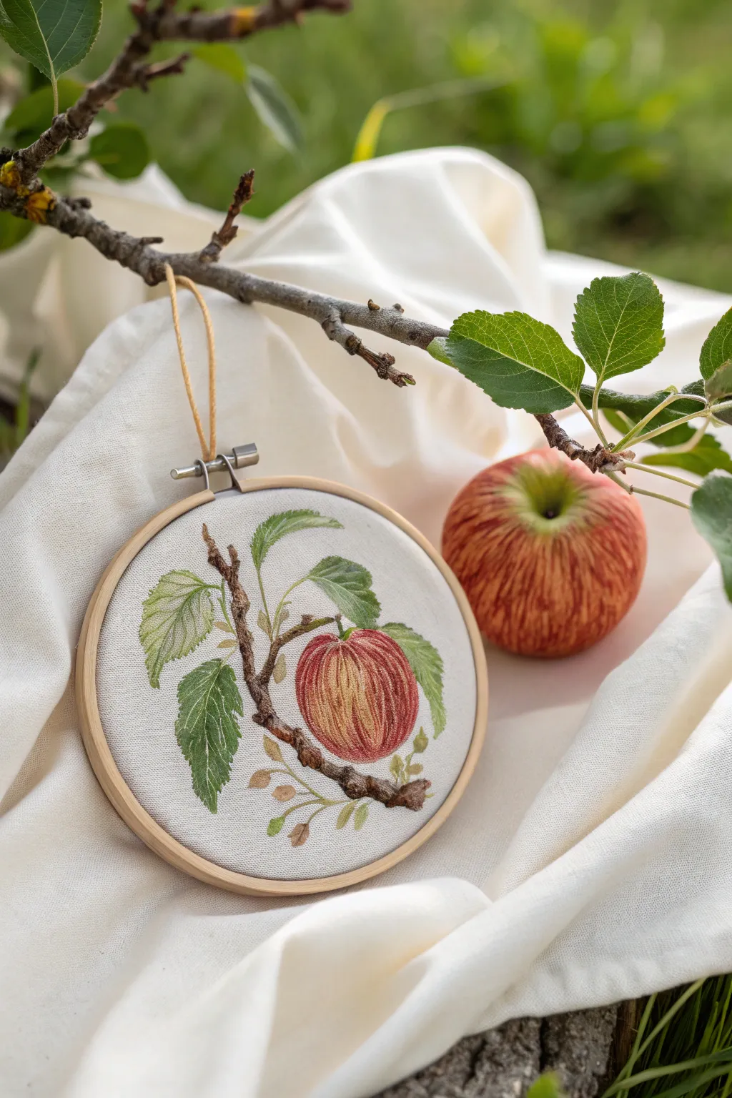Capture the essence of autumn with this elegant apple orchard embroidery, perfect for adding a touch of nature to your kitchen decor.