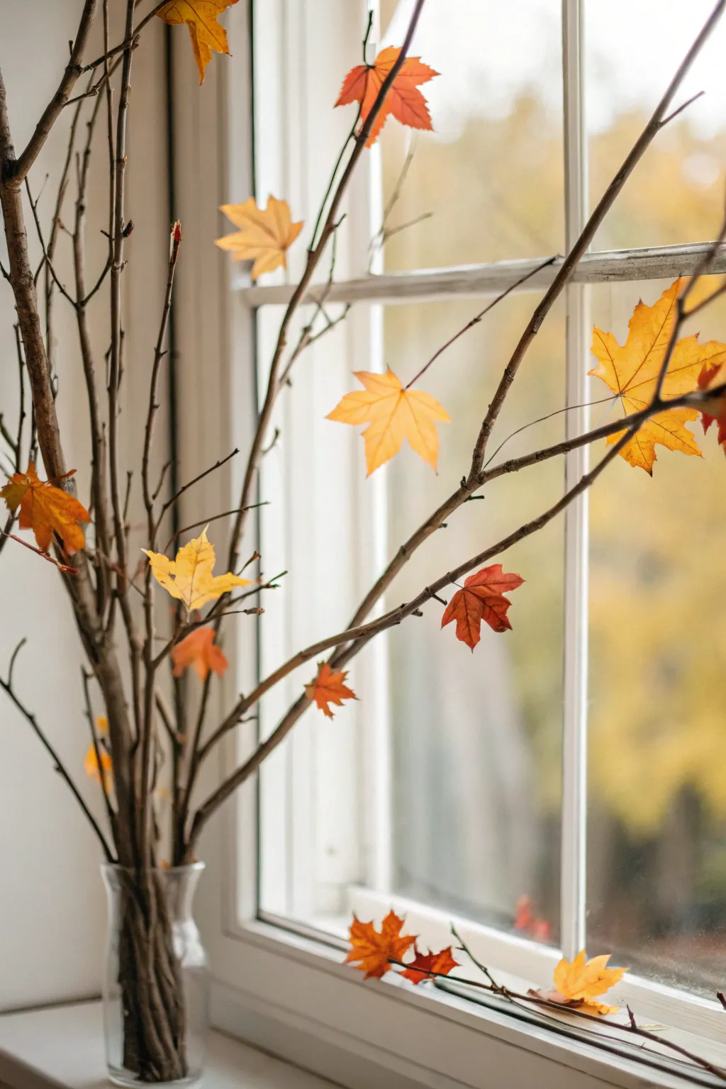 Natural branches create a minimalist fall window display.