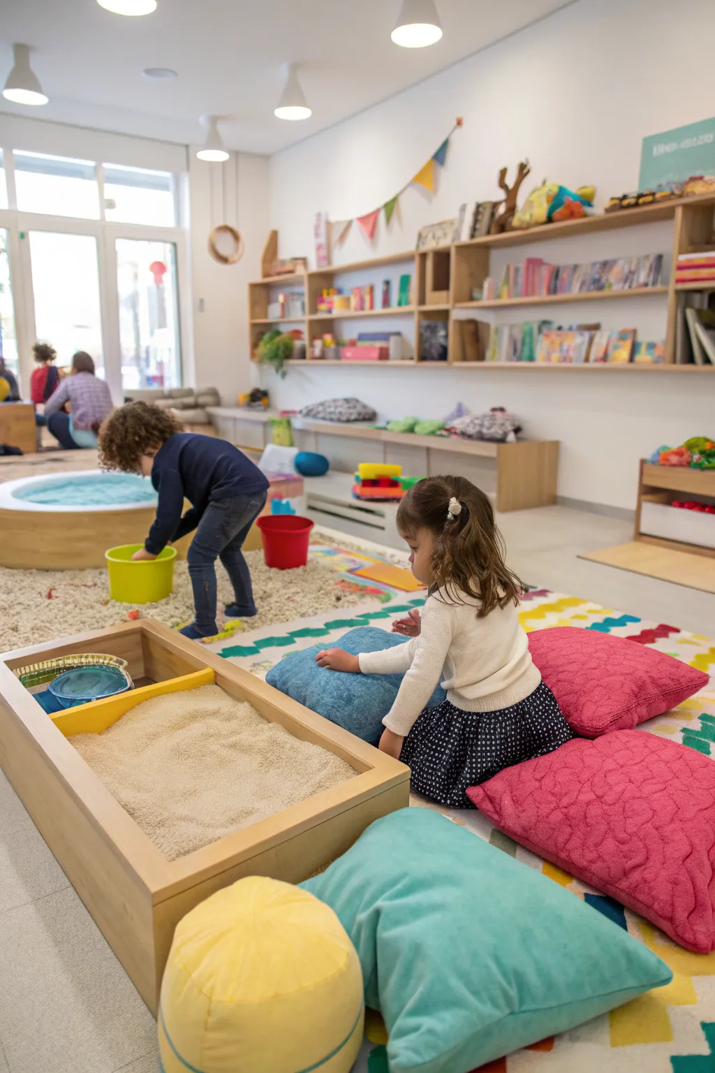 A sensory area in the playroom with textures and interactive elements.