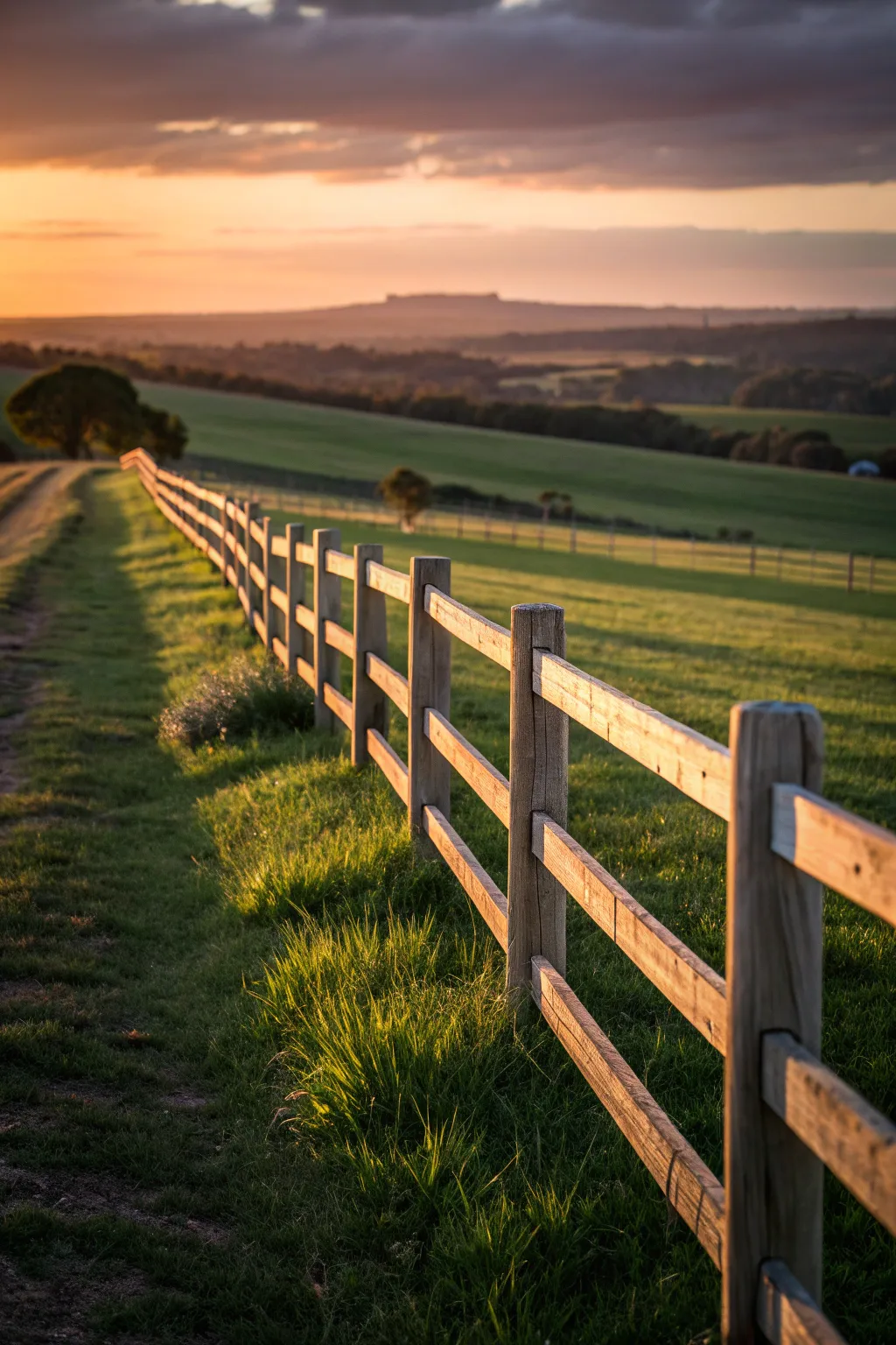 Embrace the timeless elegance of a traditional paddock fence at sunset.