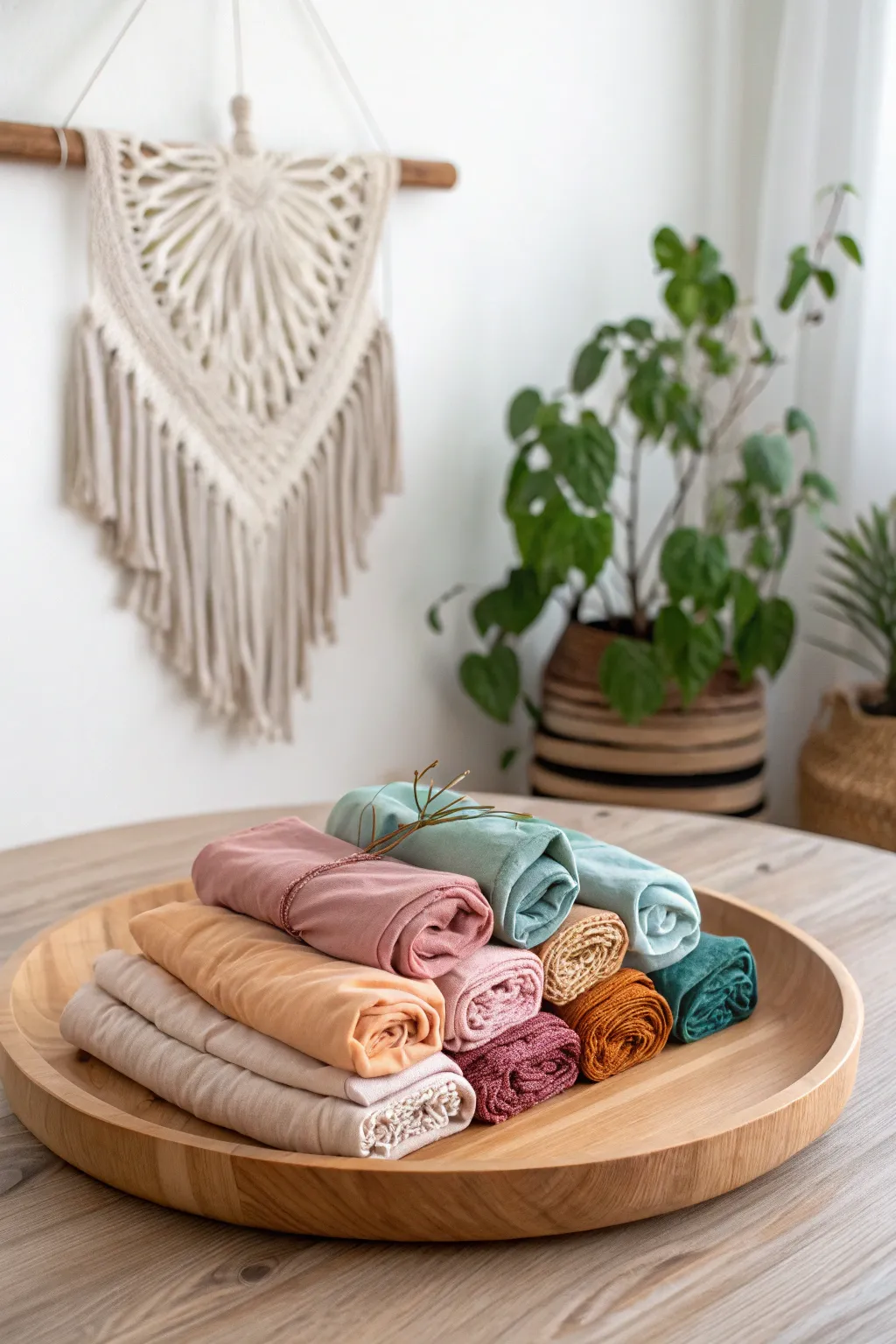Effortless elegance meets practicality with this fabric display on a wooden lazy Susan. Perfect for the craft lover's minimalist haven!
