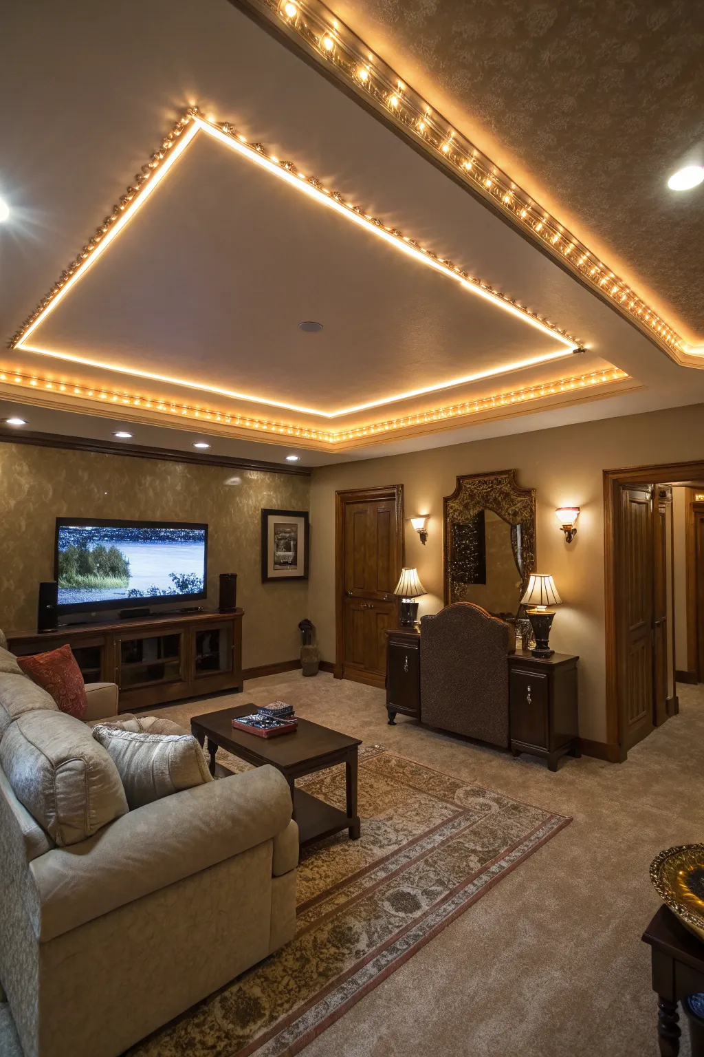 LED rope lighting highlights your faux tray ceiling beautifully.