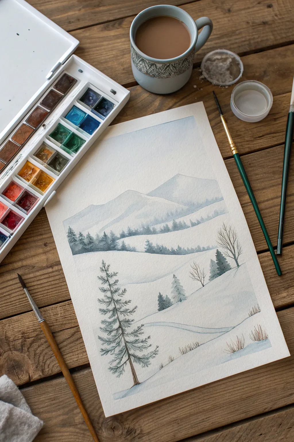 Embrace the serene beauty of winter with a minimalist snowy landscape painting. Perfect for a cozy afternoon of creativity.
