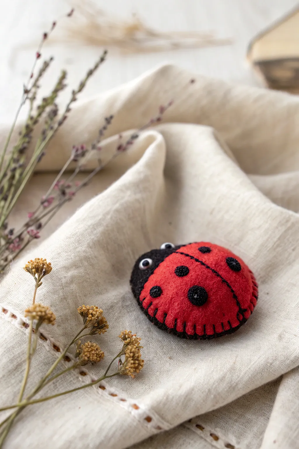 Delight in the charm of handcrafted felt with this adorable ladybug, a perfect touch of whimsy for your spring decor.